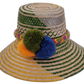 Sevyn handmade Wayuu hat with natural palm weave in green and yellow and bold pompoms

