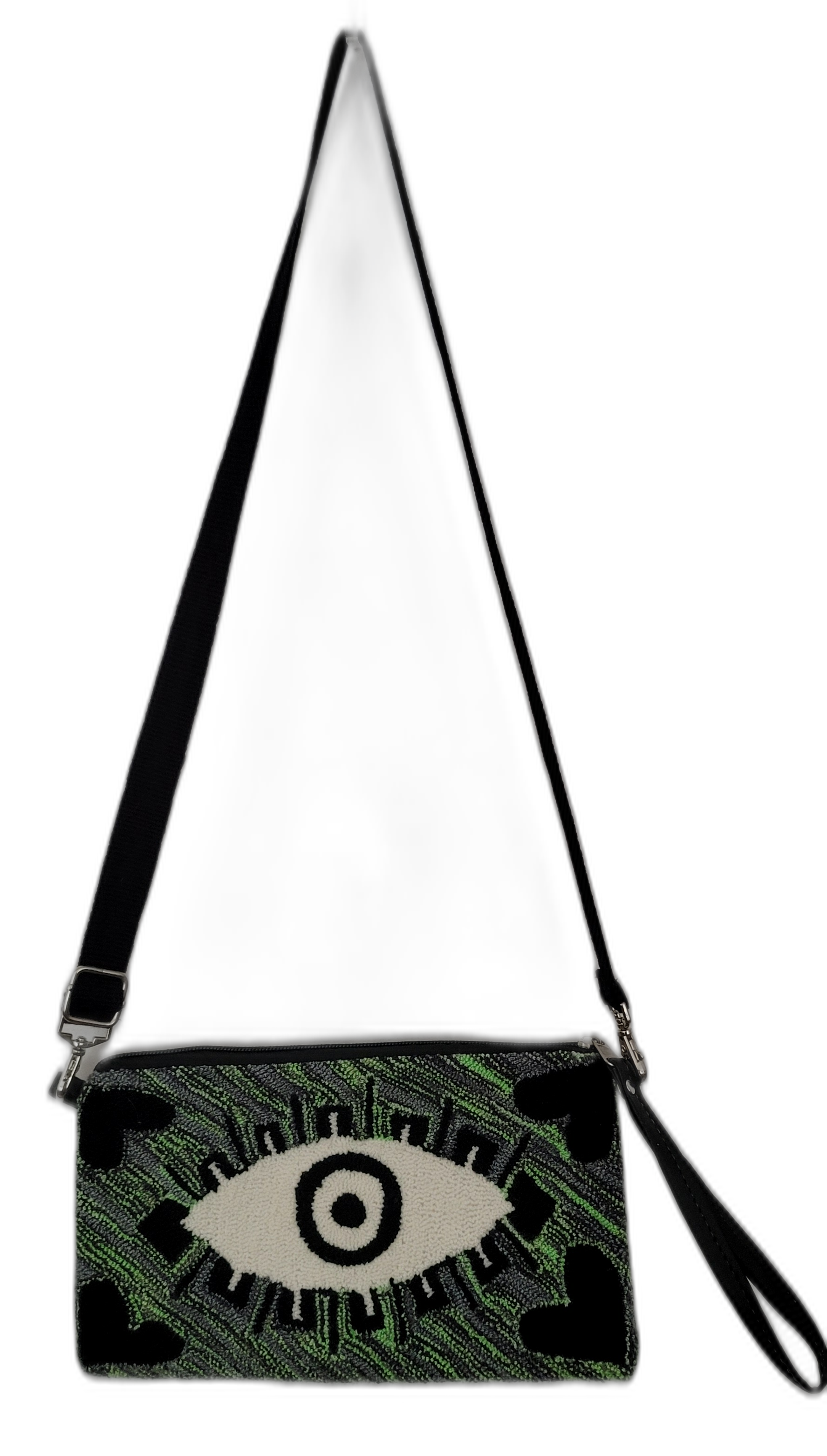 1 Bohemian clutch with green punch needle embroidery and bold eye design, crossbody style

