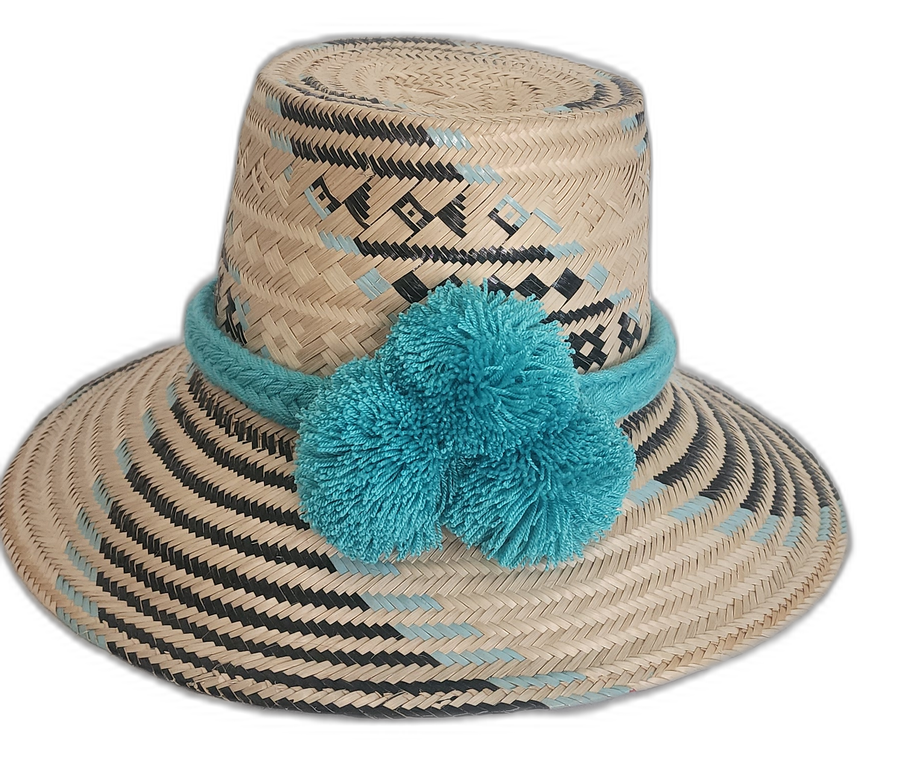 Handmade Wayuu straw hat with black and sky blue woven pattern and three light blue pompoms. Bohemian artisan hat featuring black and turquoise tribal patterns

