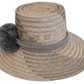 Artisan-crafted Wayuu straw hat in natural and gray, accented with gray pompoms.

