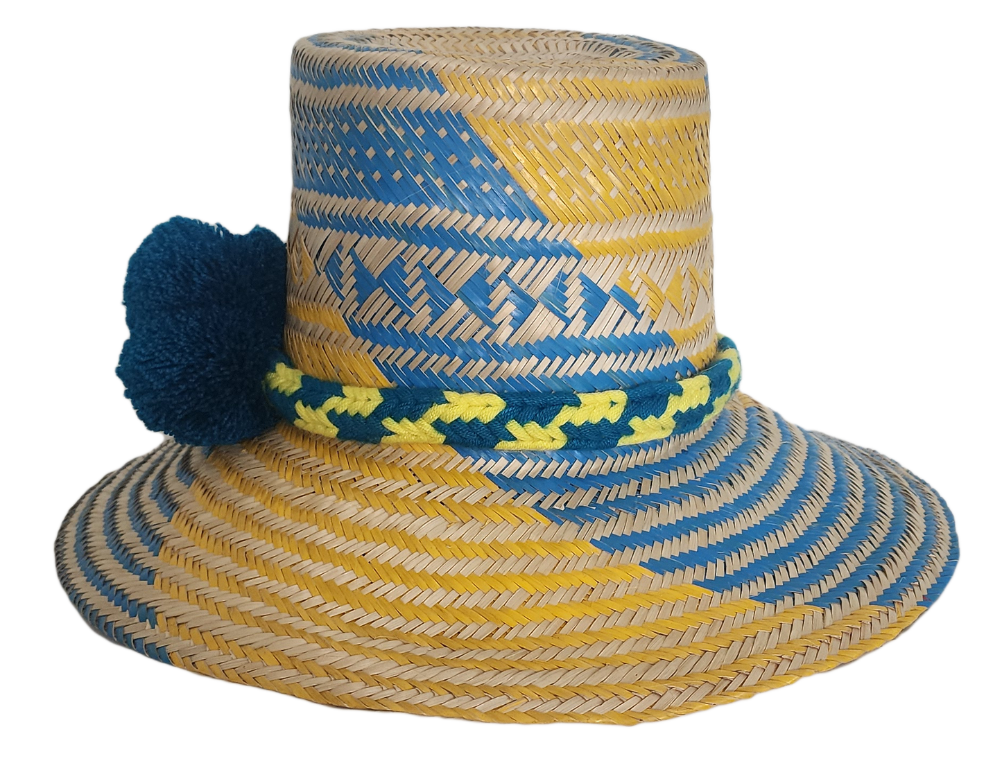 Colorful Wayuu hat in yellow and blue spiral pattern, with artisan pompom detail
