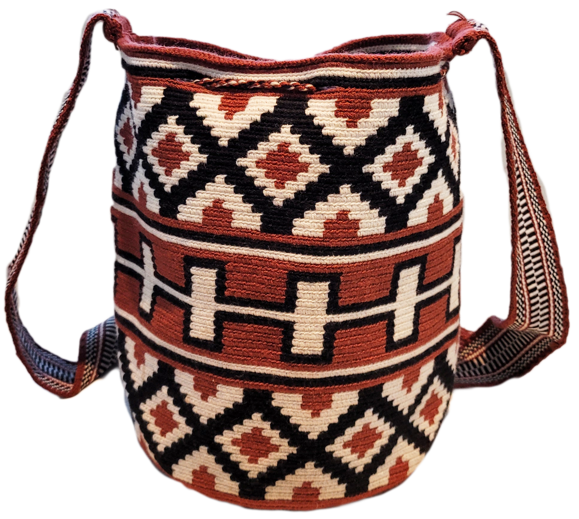 Bottom view Bohemian Wayuu bag with bold geometric motifs and handcrafted details.