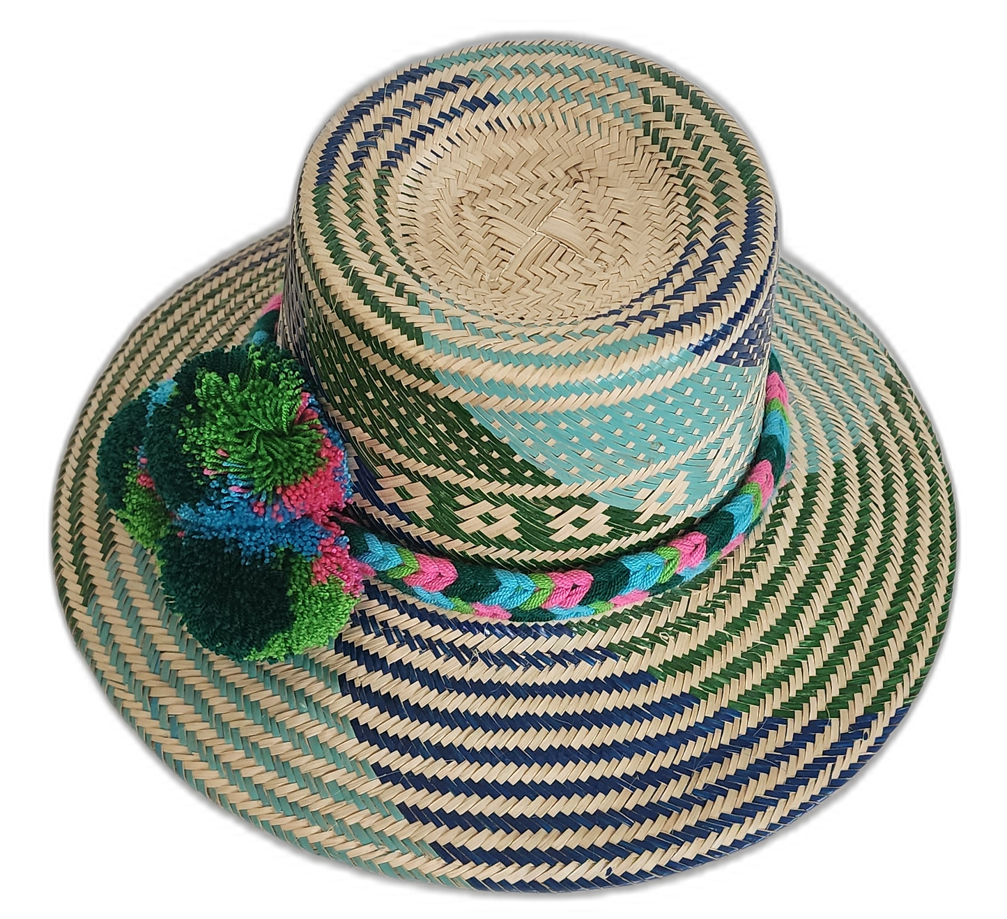 Bohemian chick hat with woven patterns and bold multicolor pompoms