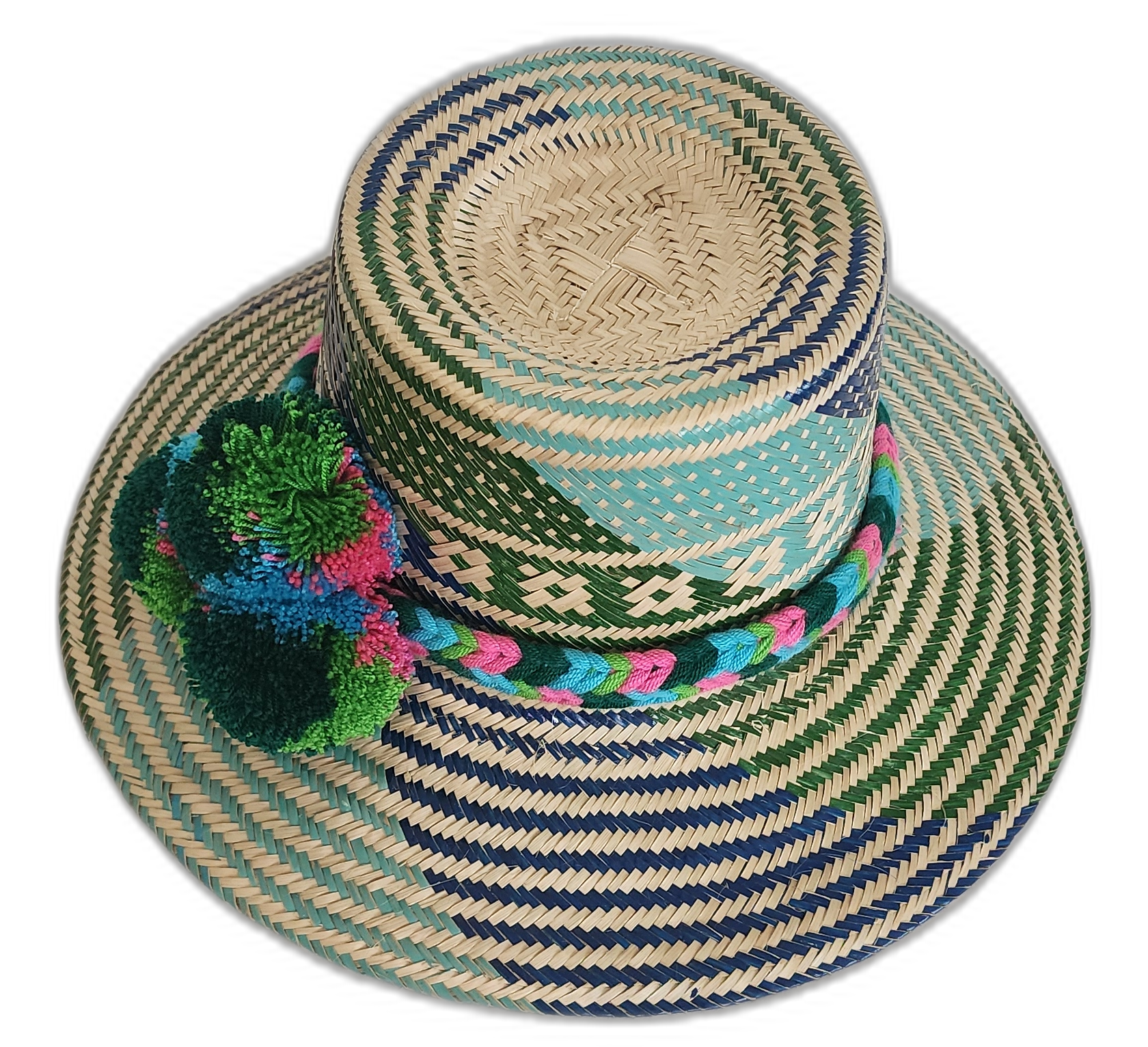Bohemian chick hat with woven patterns and bold multicolor pompoms