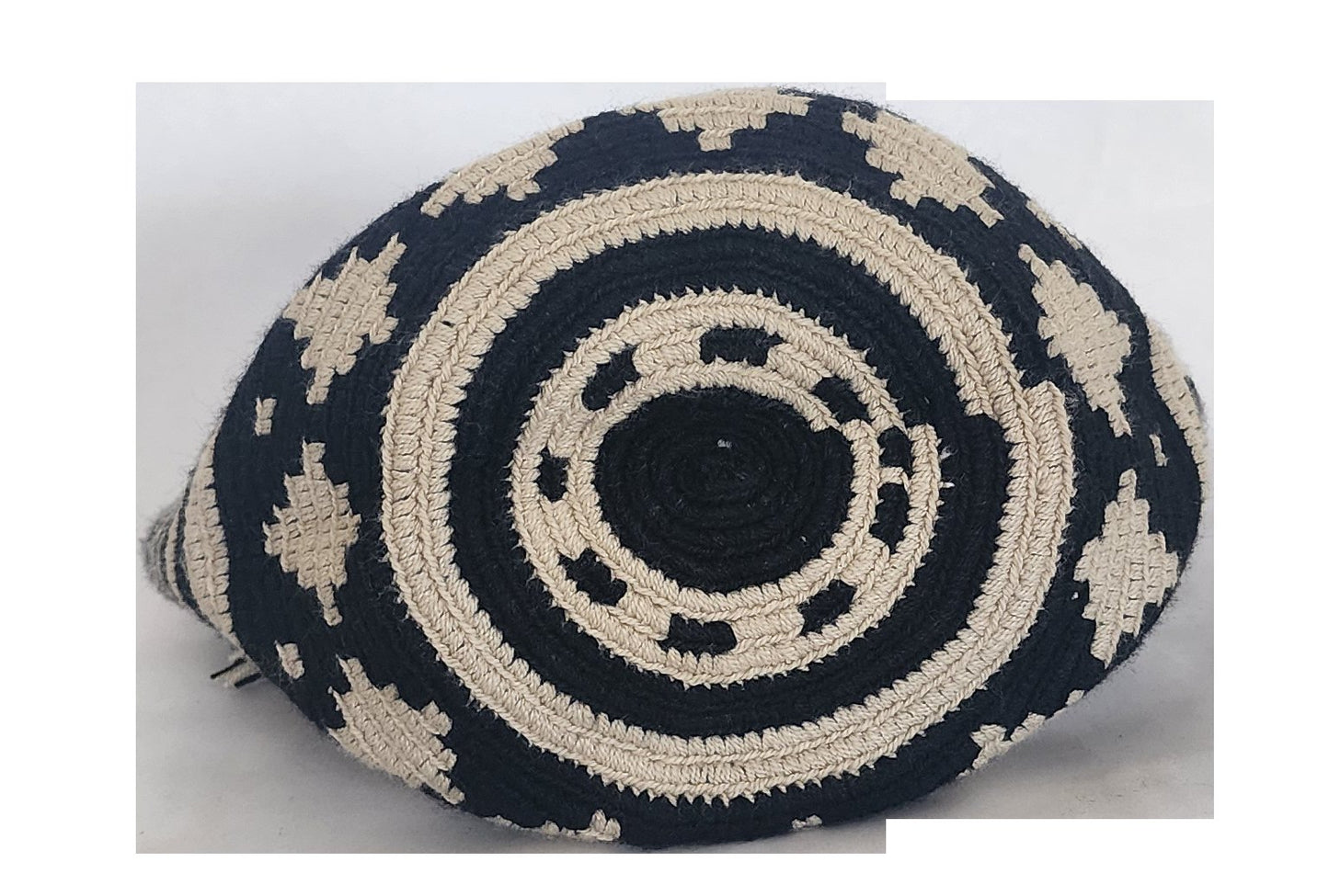 Bohemian handmade bag in cream and black with geometric patterns