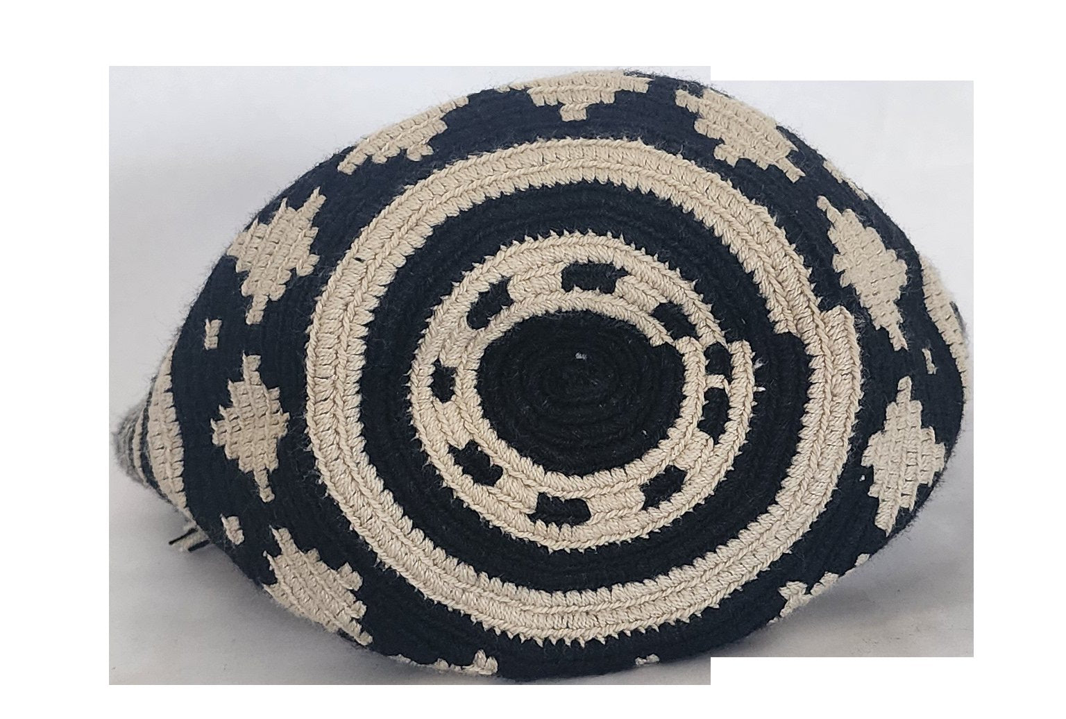 Bohemian handmade bag in cream and black with geometric patterns