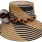Boho hat Trinity with black and mustard weave and multicolor pompoms in cream and brown

