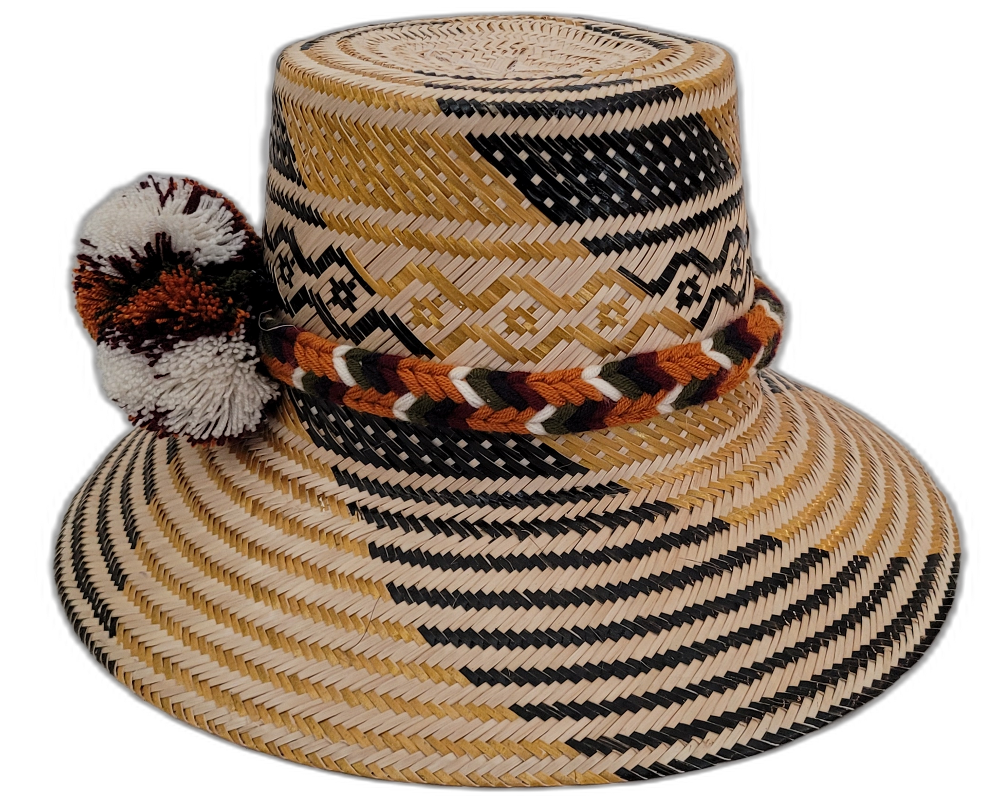 Boho hat Trinity with black and mustard weave and multicolor pompoms in cream and brown

