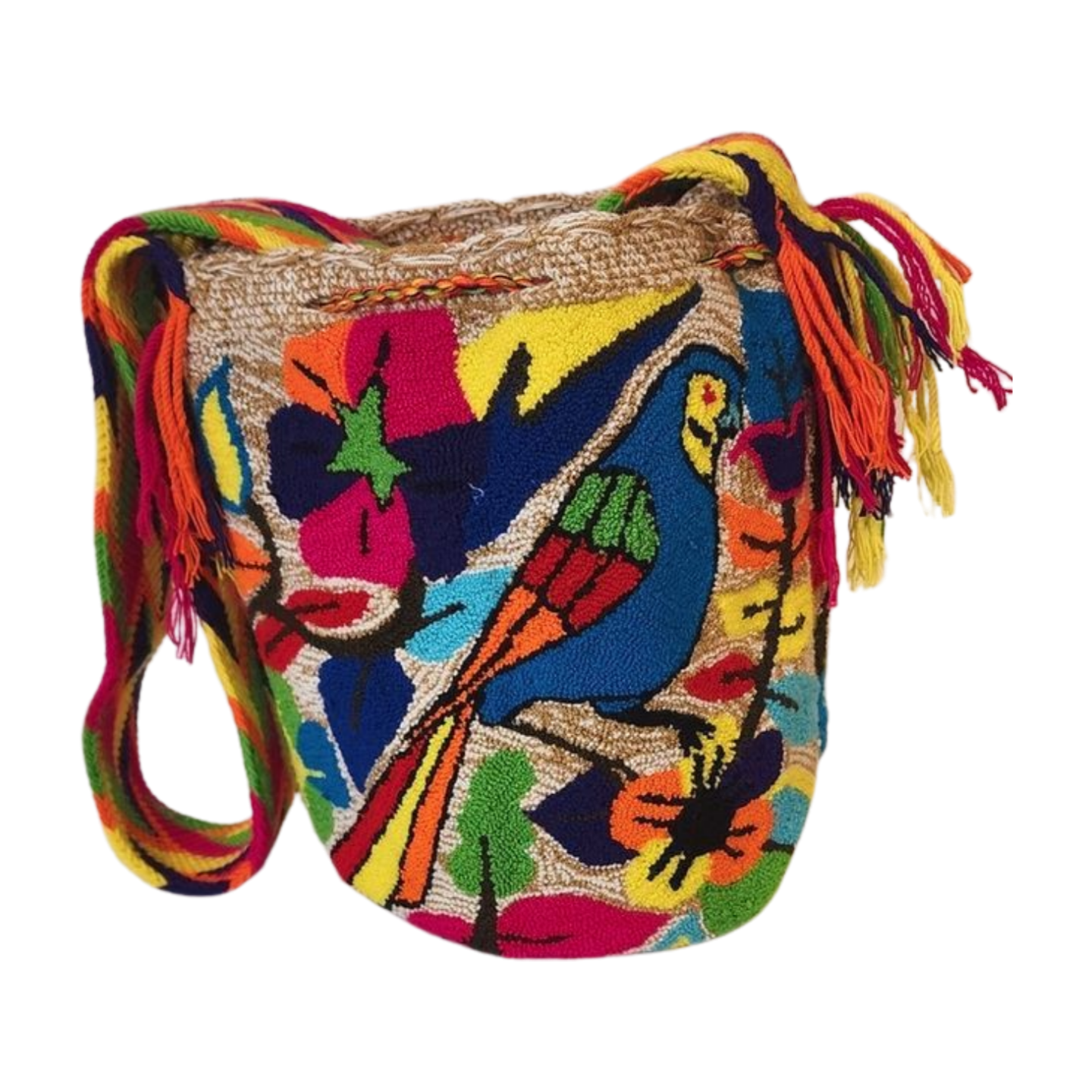 Bottom view Bohemian Wayuu handbag with tropical parrot and rainbow accents
