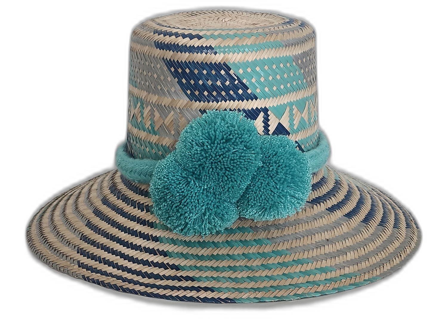 Boho Straw Hat in turquoise and navy with large pompoms, handmade by Wayuu artisans
