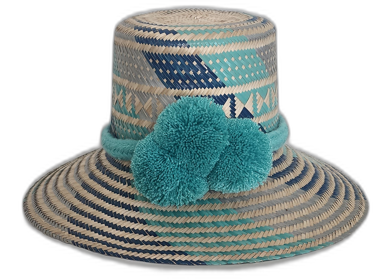 Boho Straw Hat in turquoise and navy with large pompoms, handmade by Wayuu artisans