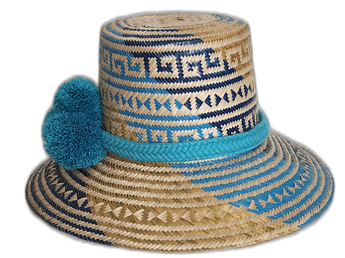 Boho Chick hat featuring geometric Wayuu patterns and turquoise trim