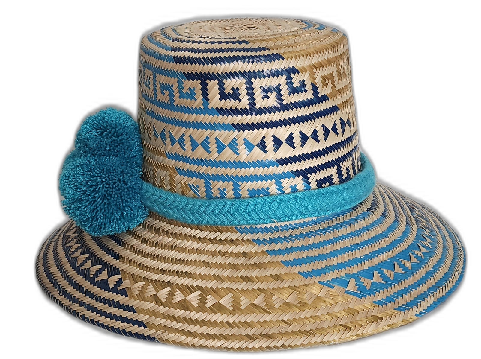 Boho Chick hat featuring geometric Wayuu patterns and turquoise trim