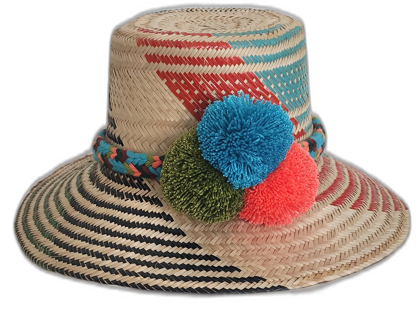 Handmade Wayuu straw hat with turquoise, red, and green pompoms