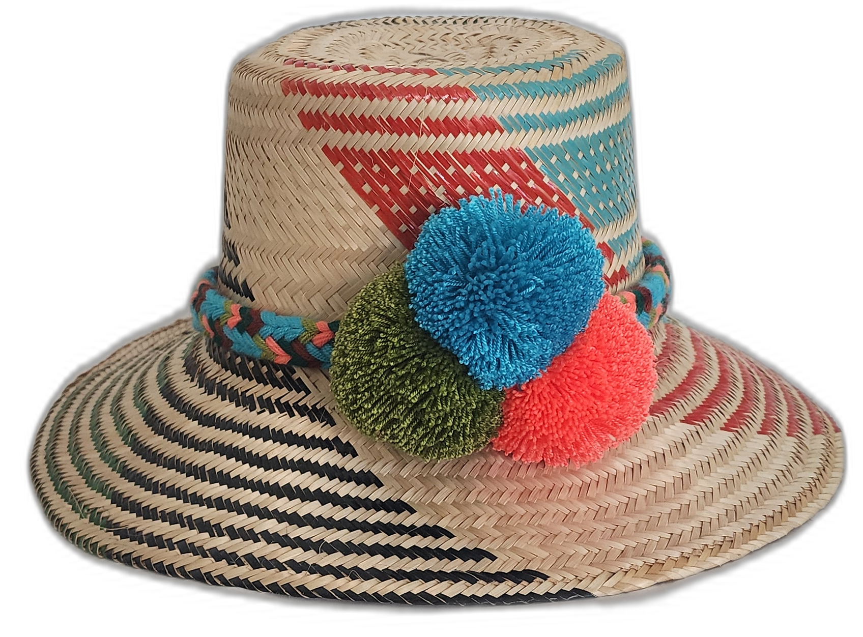 Handmade Wayuu straw hat with turquoise, red, and green pompoms