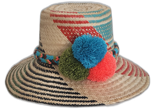 Handmade Wayuu straw hat with turquoise, red, and green pompoms