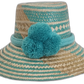 Handmade Boho straw hat in turquoise and natural palm with pompom accents