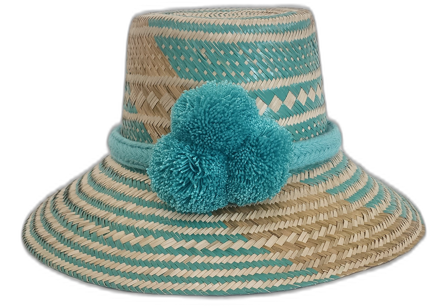 Handmade Boho straw hat in turquoise and natural palm with pompom accents