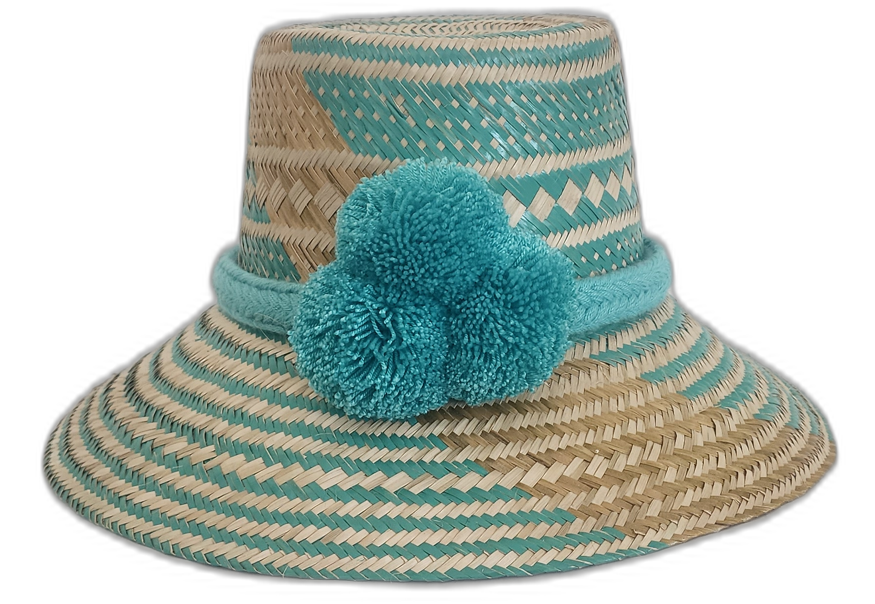 Handmade Boho straw hat in turquoise and natural palm with pompom accents