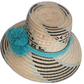 Artisan straw hat with bold symmetry and soft blue pompoms, woven from natural iraca palm fibers.

