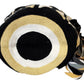 Vegan handmade Wayuu bag, black, tan, and white crochet with wave pattern, wide crossbody strap, and artisan tassels, perfect for boho chic fashion.