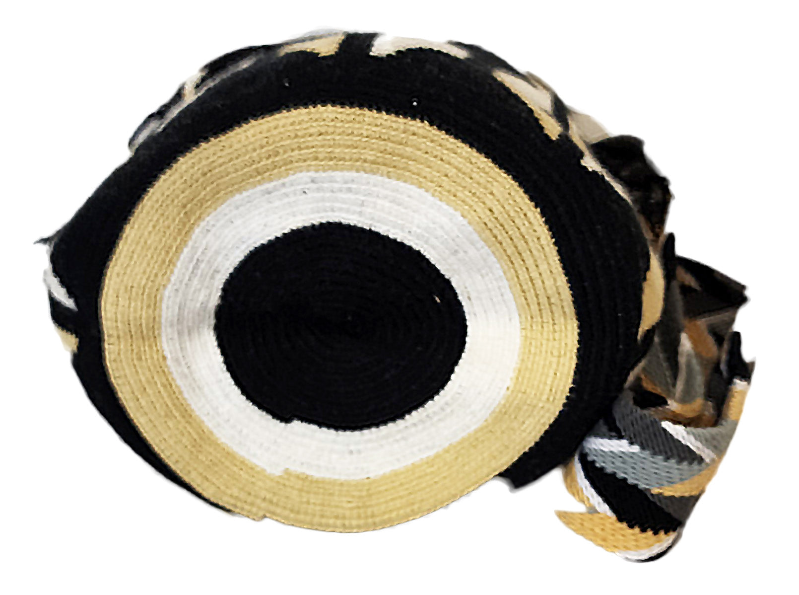 Vegan handmade Wayuu bag, black, tan, and white crochet with wave pattern, wide crossbody strap, and artisan tassels, perfect for boho chic fashion.