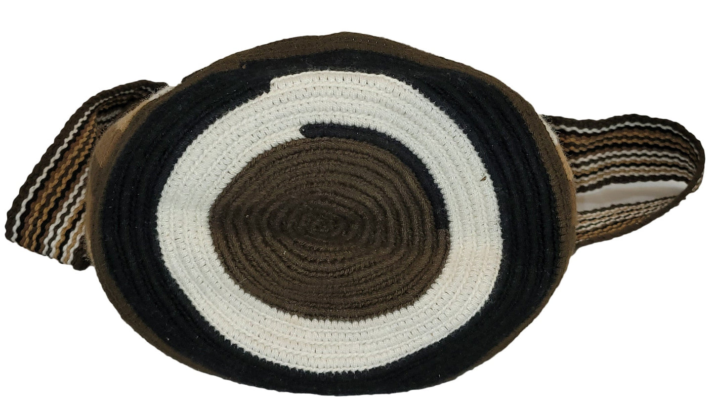Vegan handmade Wayuu bag, brown crochet design with cream and black patterns, crossbody strap, and playful tassel details, perfect for boho chic style.