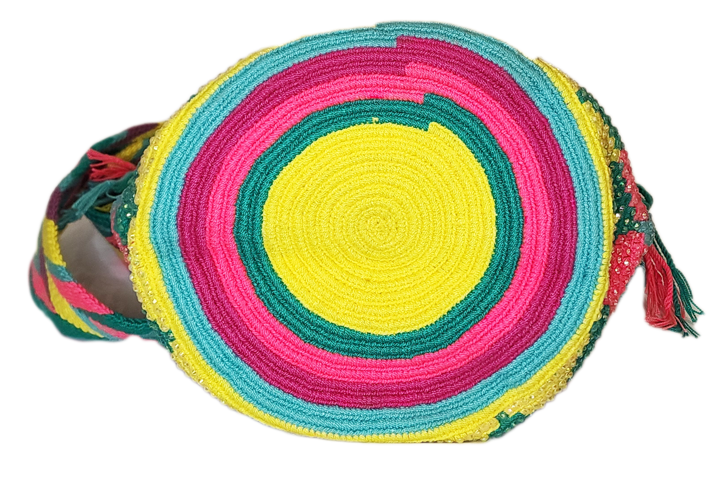 Colorful Wayuu bag with a woven strap and bright, handcrafted design.