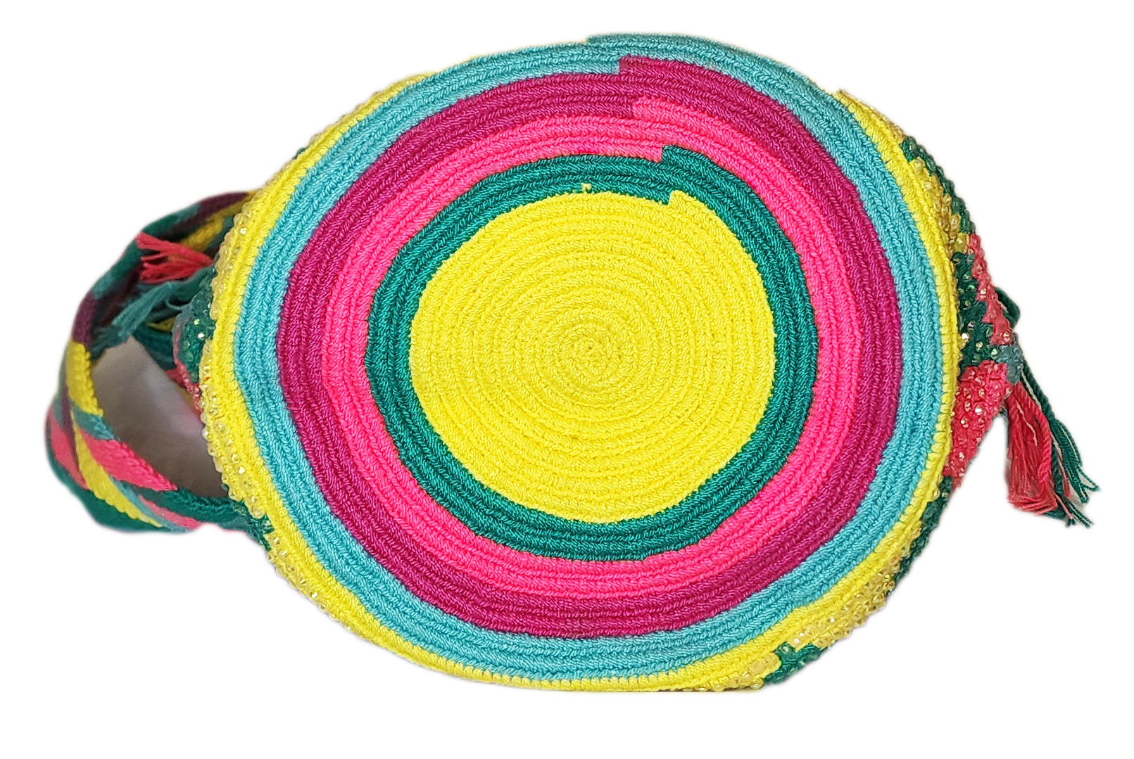 Colorful Wayuu bag with a woven strap and bright, handcrafted design.