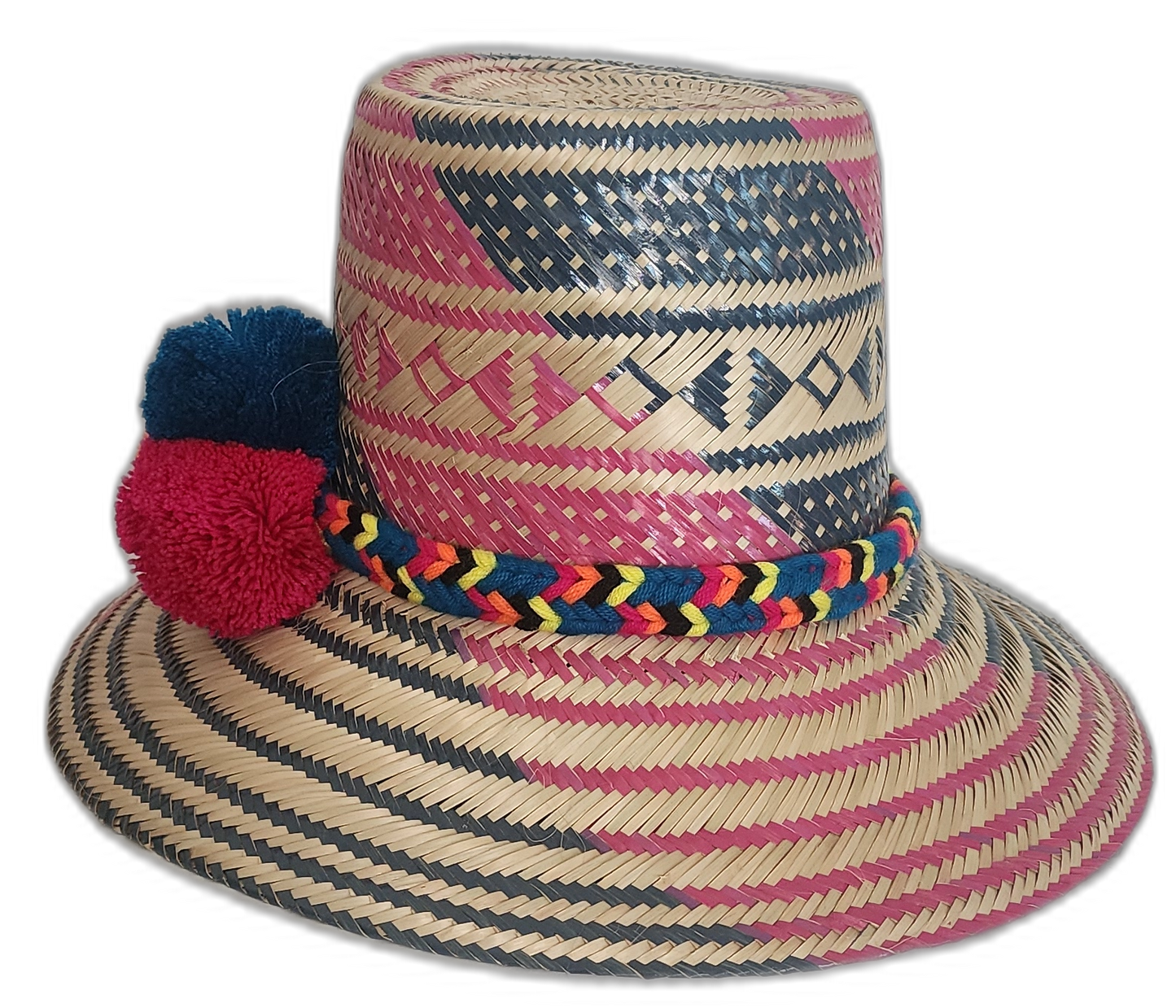 Boho straw hat with traditional Wayuu weave and a trio of vibrant pompoms.