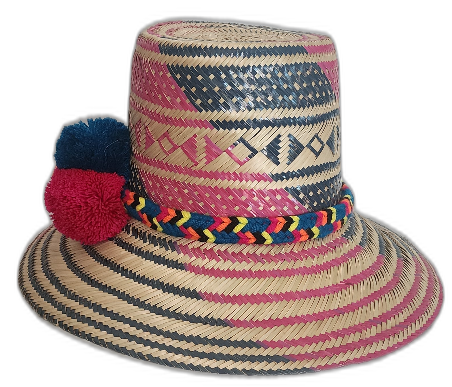 Boho straw hat with traditional Wayuu weave and a trio of vibrant pompoms.