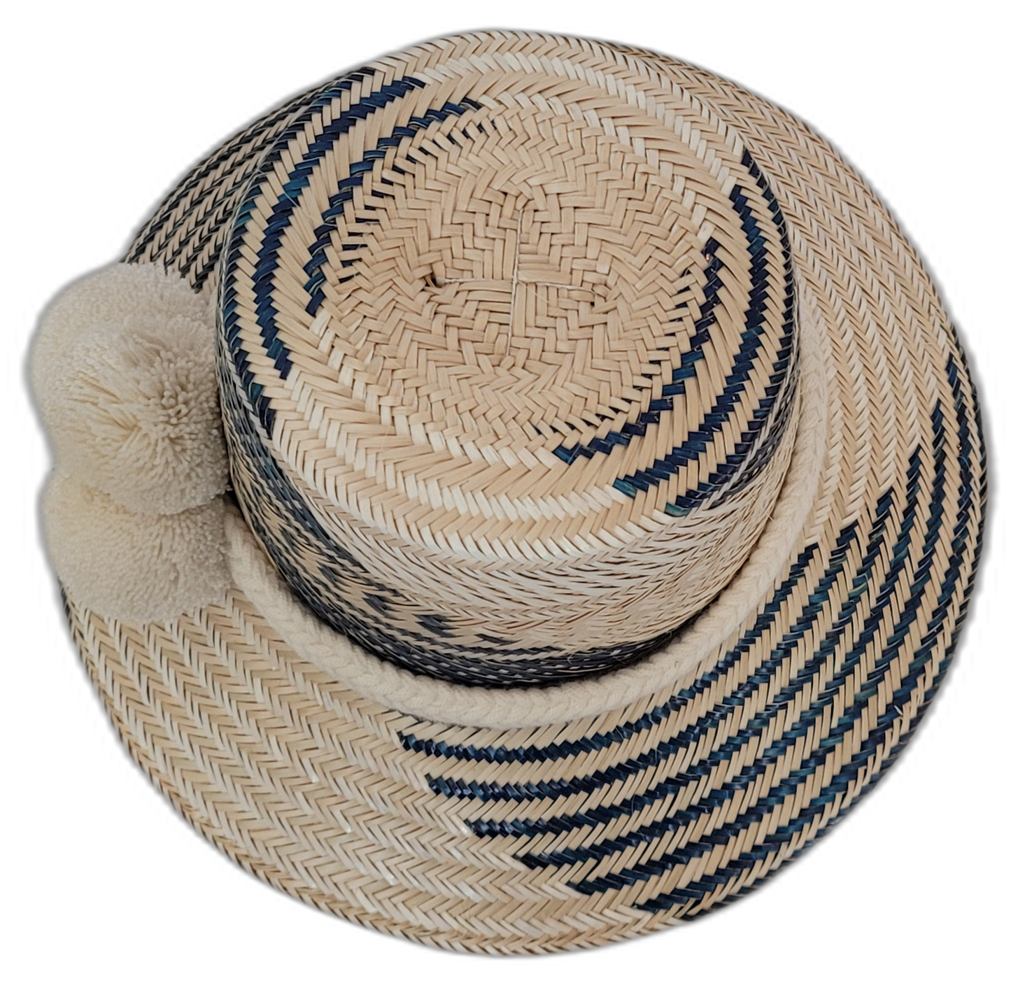 Colorful artisan straw hat with decorative band and handcrafted multicolor pompoms