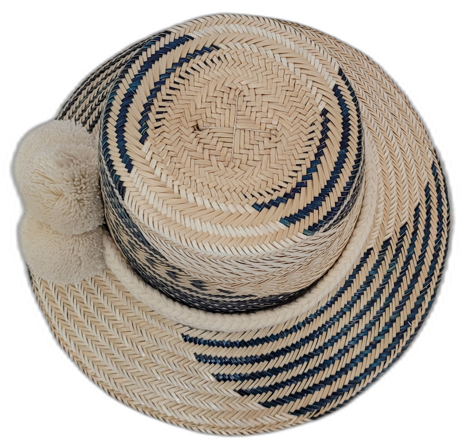 Colorful artisan straw hat with decorative band and handcrafted multicolor pompoms