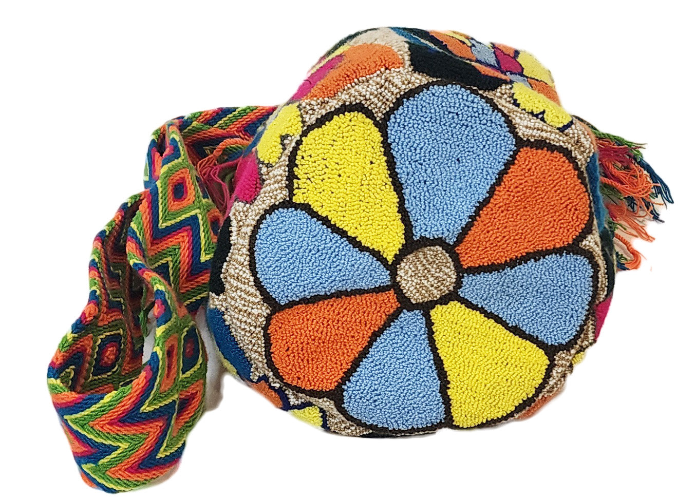 Artisanal handmade Wayuu shoulder bag in bold, crochet colorful style
