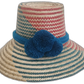 Boho straw hat with blue crown band and soft artisan red-blue patternpompoms