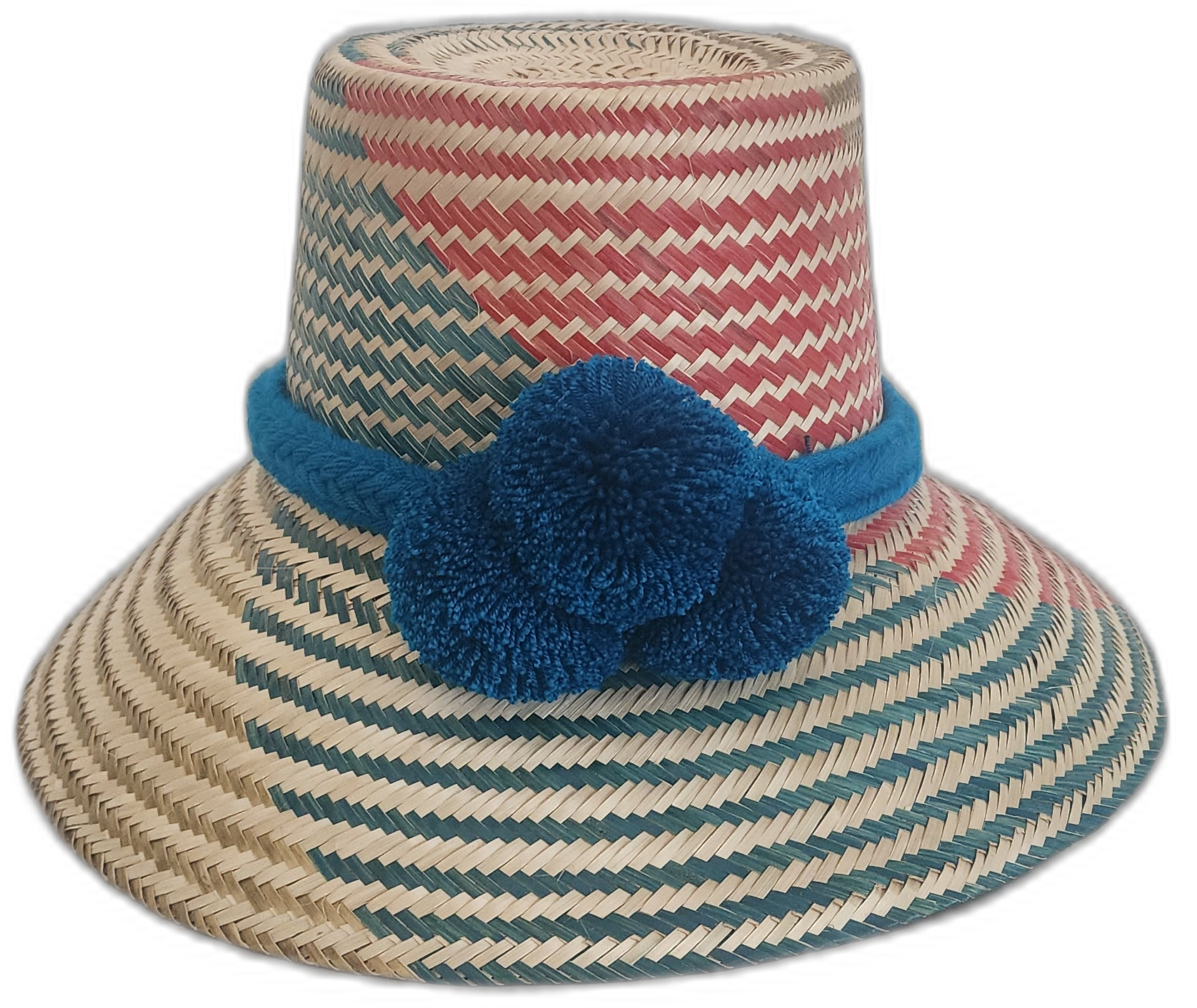 Boho straw hat with blue crown band and soft artisan red-blue patternpompoms