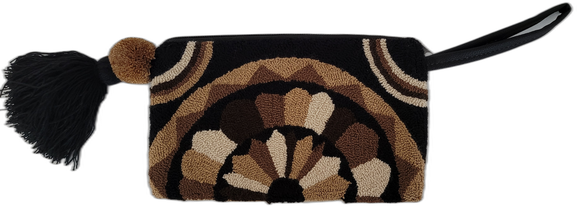 1 Neutral boho crochet clutch featuring geometric sunburst patterns in earth tones

