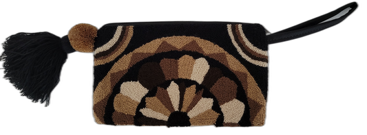 Neutral boho crochet clutch featuring geometric sunburst patterns in earth tones

