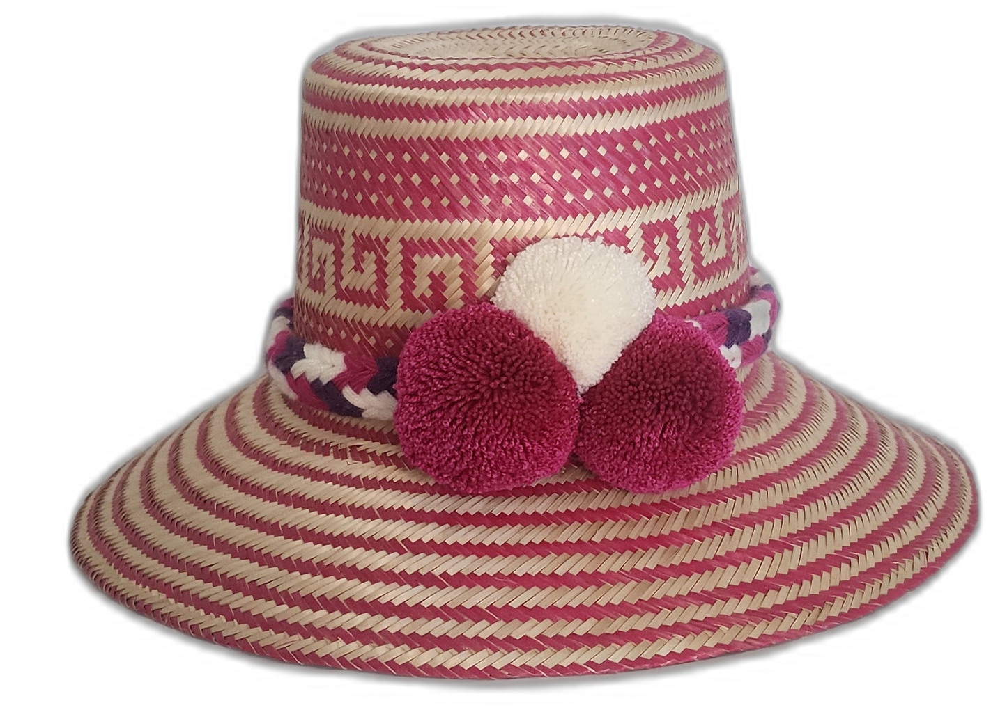 Handmade colorful Wayuu bohemian straw hat with pink and white design