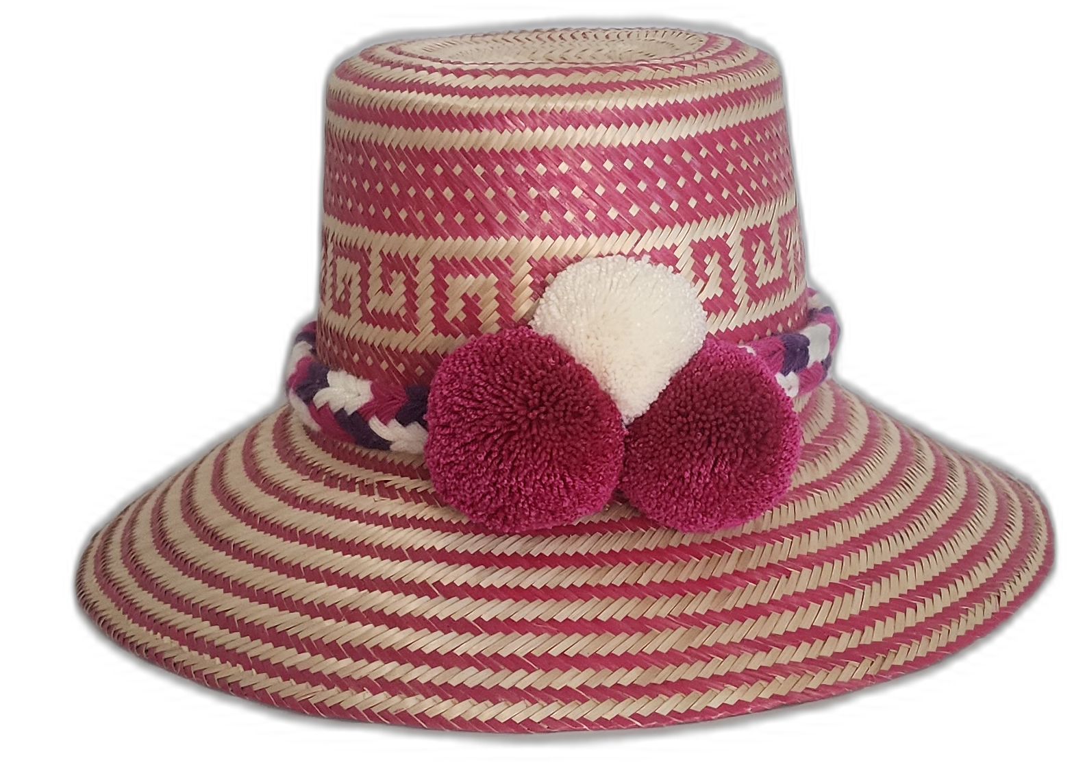 Handmade colorful Wayuu bohemian straw hat with pink and white design