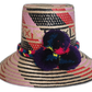 Handmade Wayuu straw hat with black and pink patterns and colorful pompoms