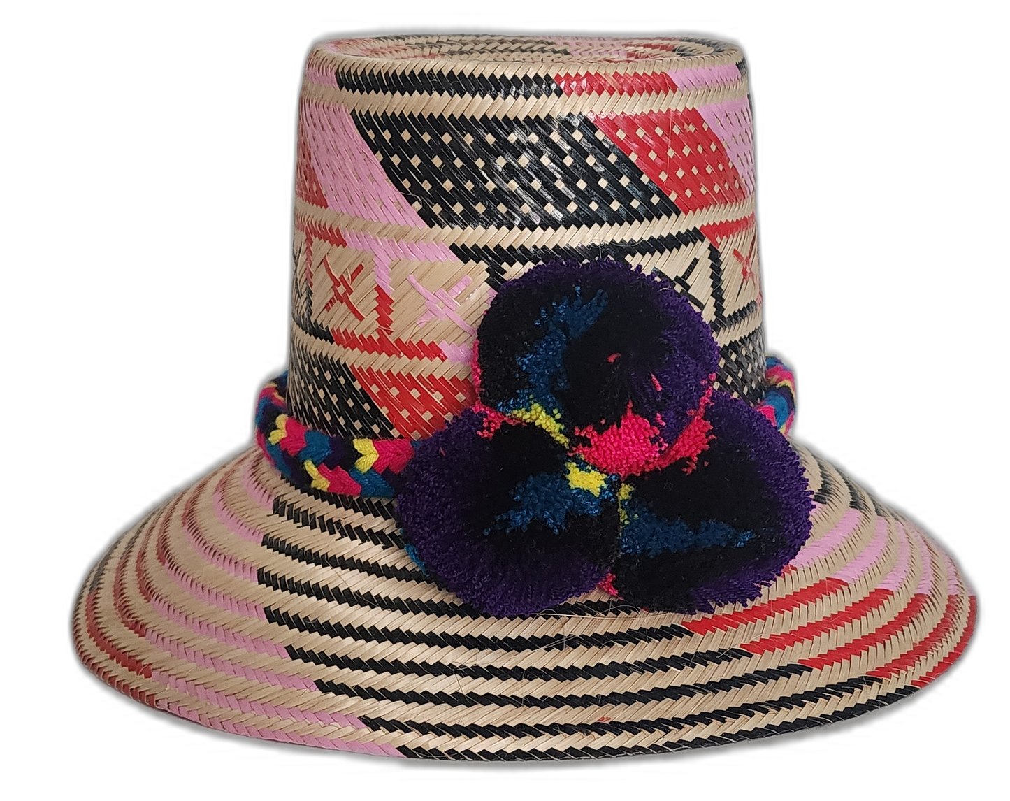 Handmade Wayuu straw hat with black and pink patterns and colorful pompoms