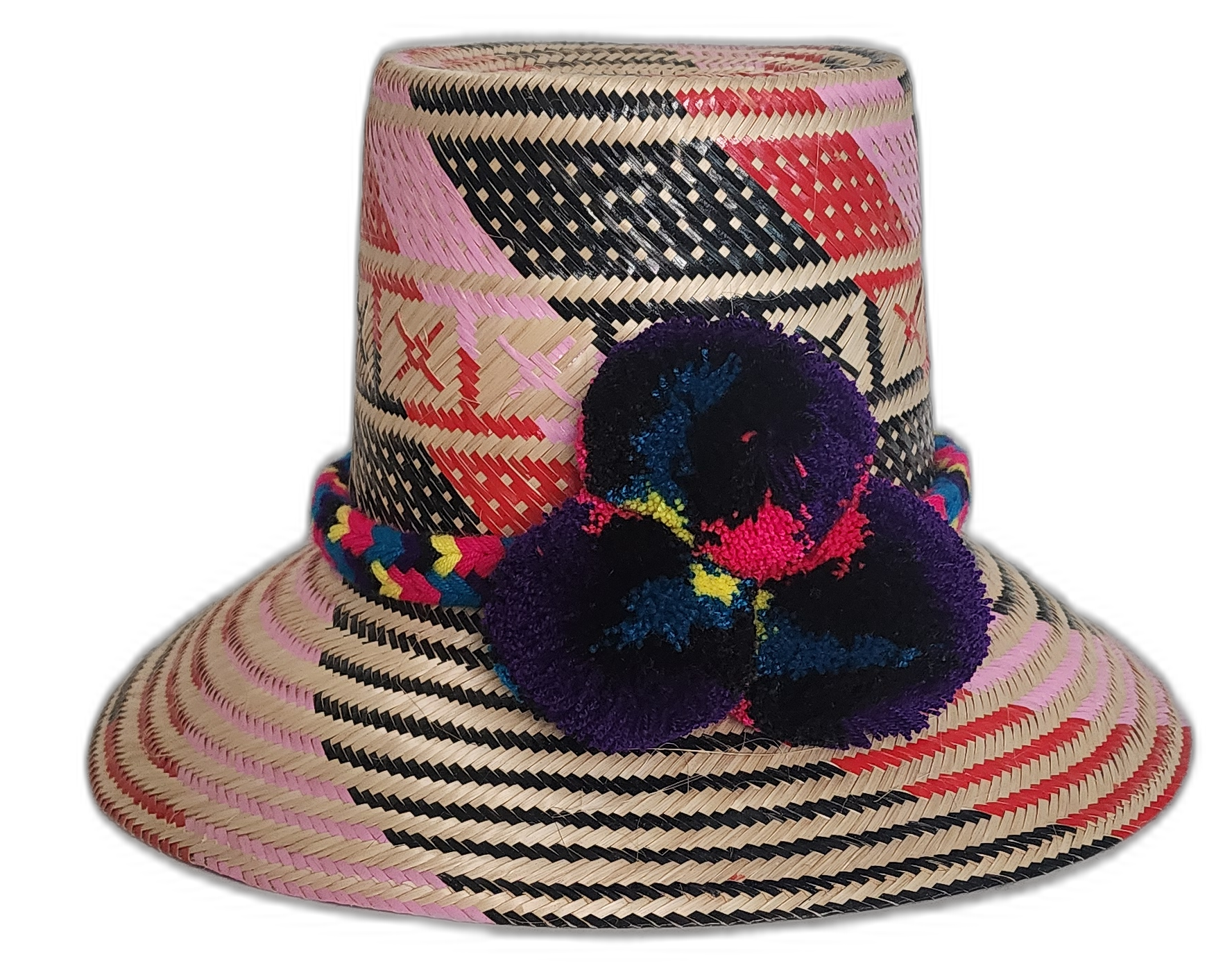 Handmade Wayuu straw hat with black and pink patterns and colorful pompoms