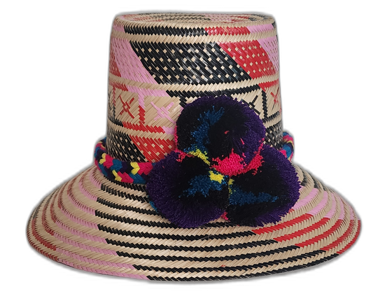 Handmade Wayuu straw hat with black and pink patterns and colorful pompoms