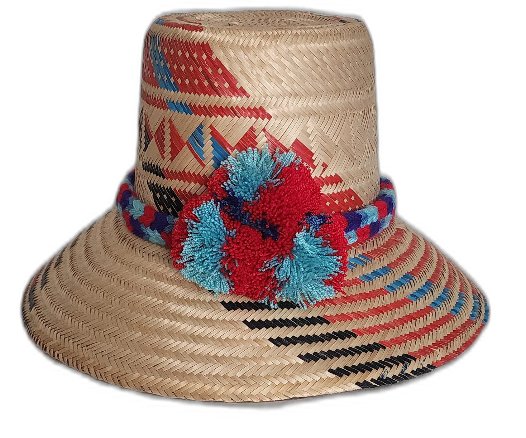 Handmade Wayuu straw hat with red and blue woven design and pompoms