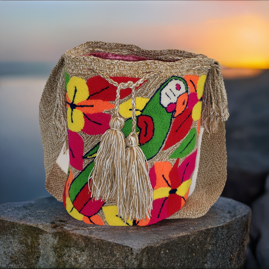Handmade Wayuu punch needle bag with colorful parrot and flowers