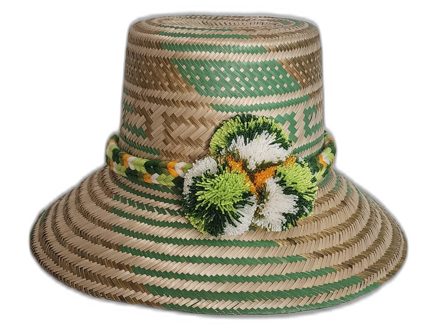 Handmade Wayuu straw hat with green tribal weave and green-white pompoms

