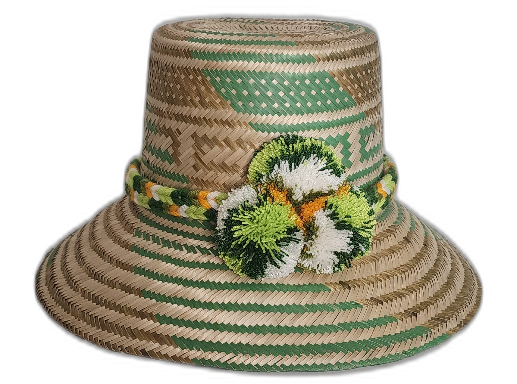 Handmade Wayuu straw hat with green tribal weave and green-white pompoms

