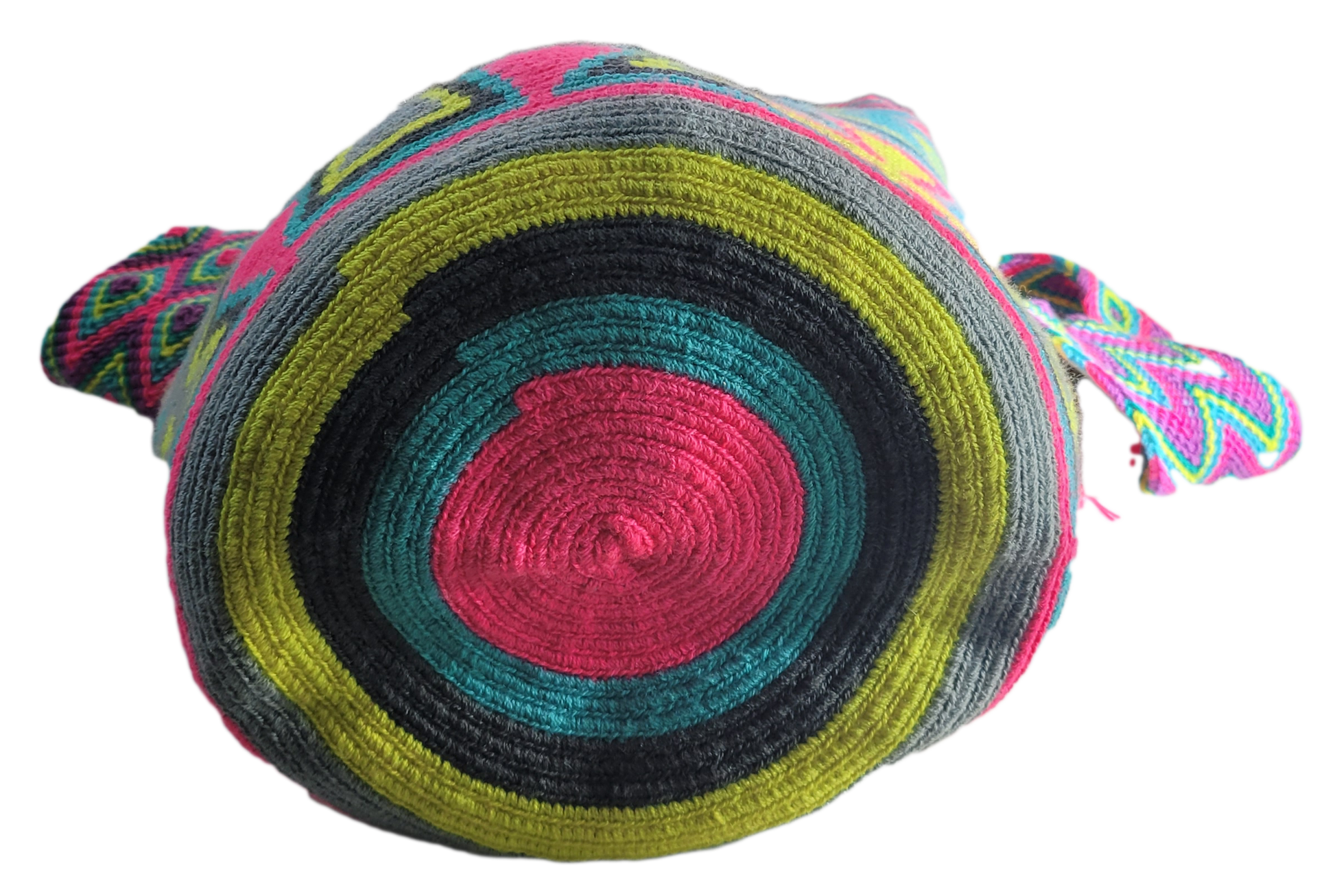 Boho-chic crochet Wayuu bag with radiant hues, handmade detail, and artisan tassels.
