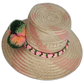 Artisan-crafted Boho straw hat with green and orange pompoms, braided band, and pink accents.

